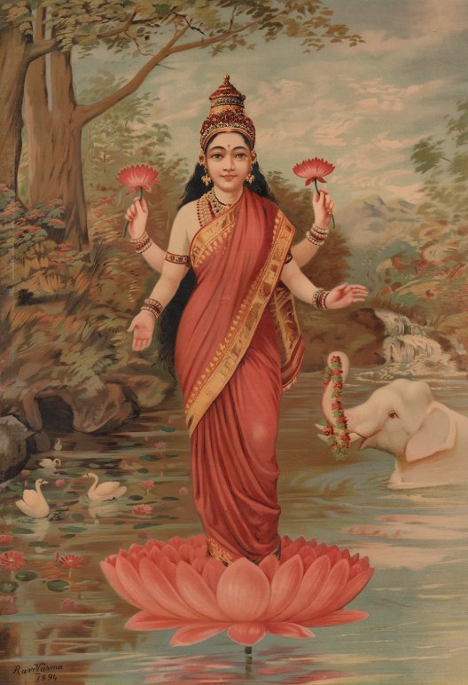 Painting of the goddess Lakshmi standing on a lotus